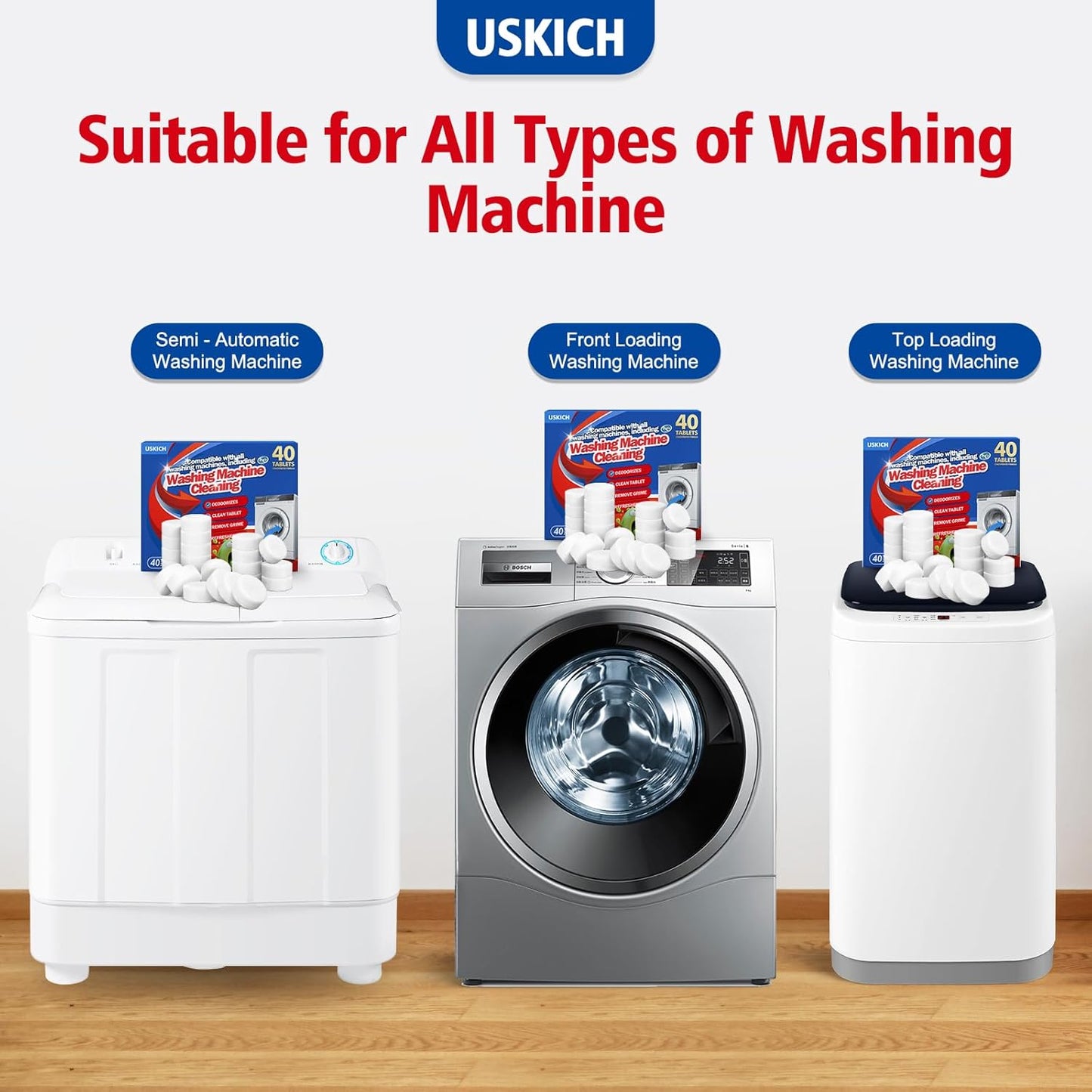 USKICH Washing Machine Cleaner Descaler 40 Pack-Deep Cleaning Tablets For HE Front Loader & Top Load Washer,Washer Machine Cleaning Tablets Clean Inside Drum and Laundry Tub Seal,Septic Safe