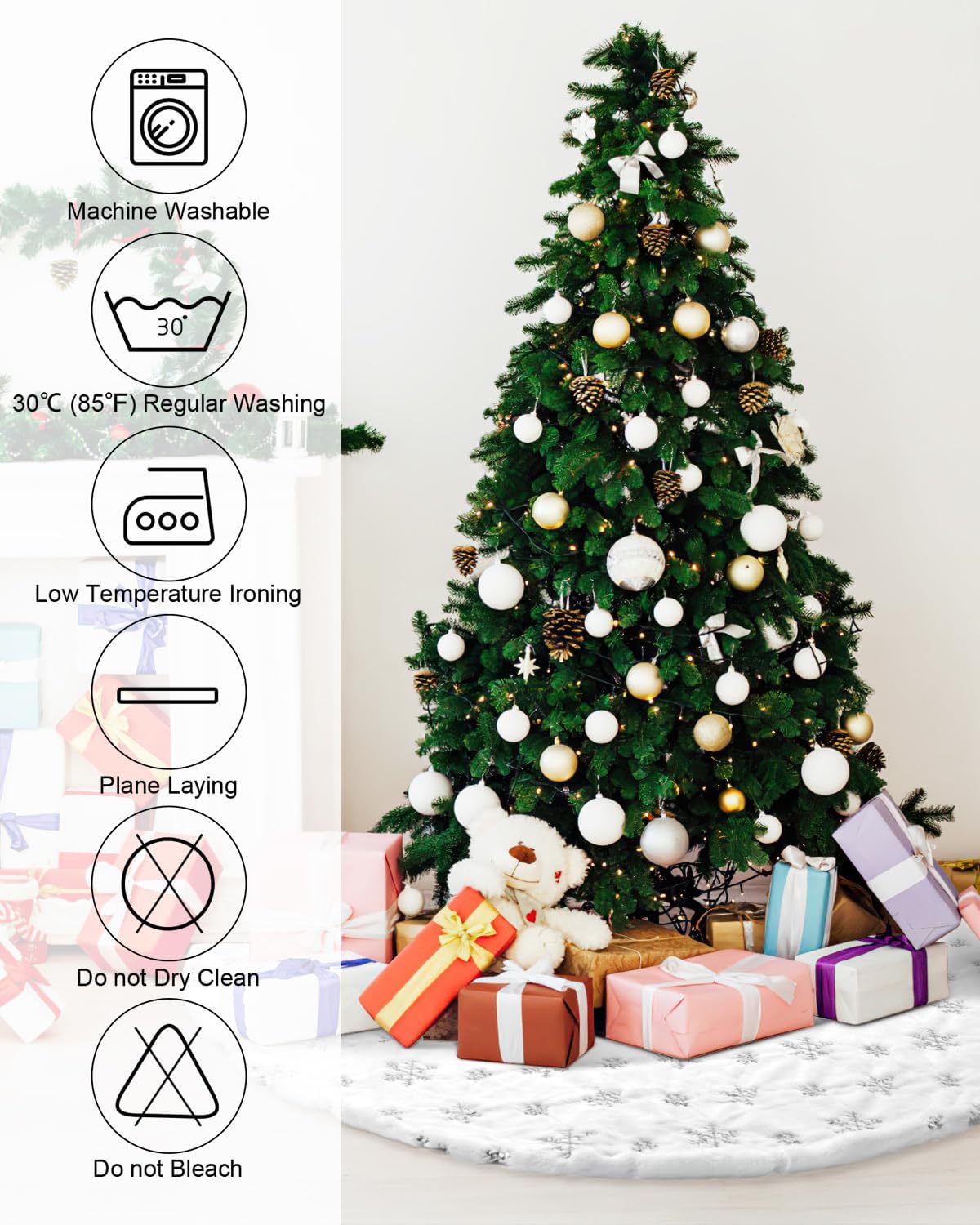 COOLWUFAN 60 Inches Christmas Tree Skirt for Xmas Tree Holiday Party Decorations White Plush Silver Sequin Snowflake (Silver)