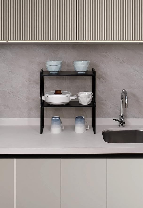 Nxconsu 2Pack Cabinet Shelves Stackable Organizer Rack Riser for Kitchen Cabinet Pantry Cupboard Counter Countertop Home Organization Storage Space Saver Heavy Duty Metal Nonslip Black Tall