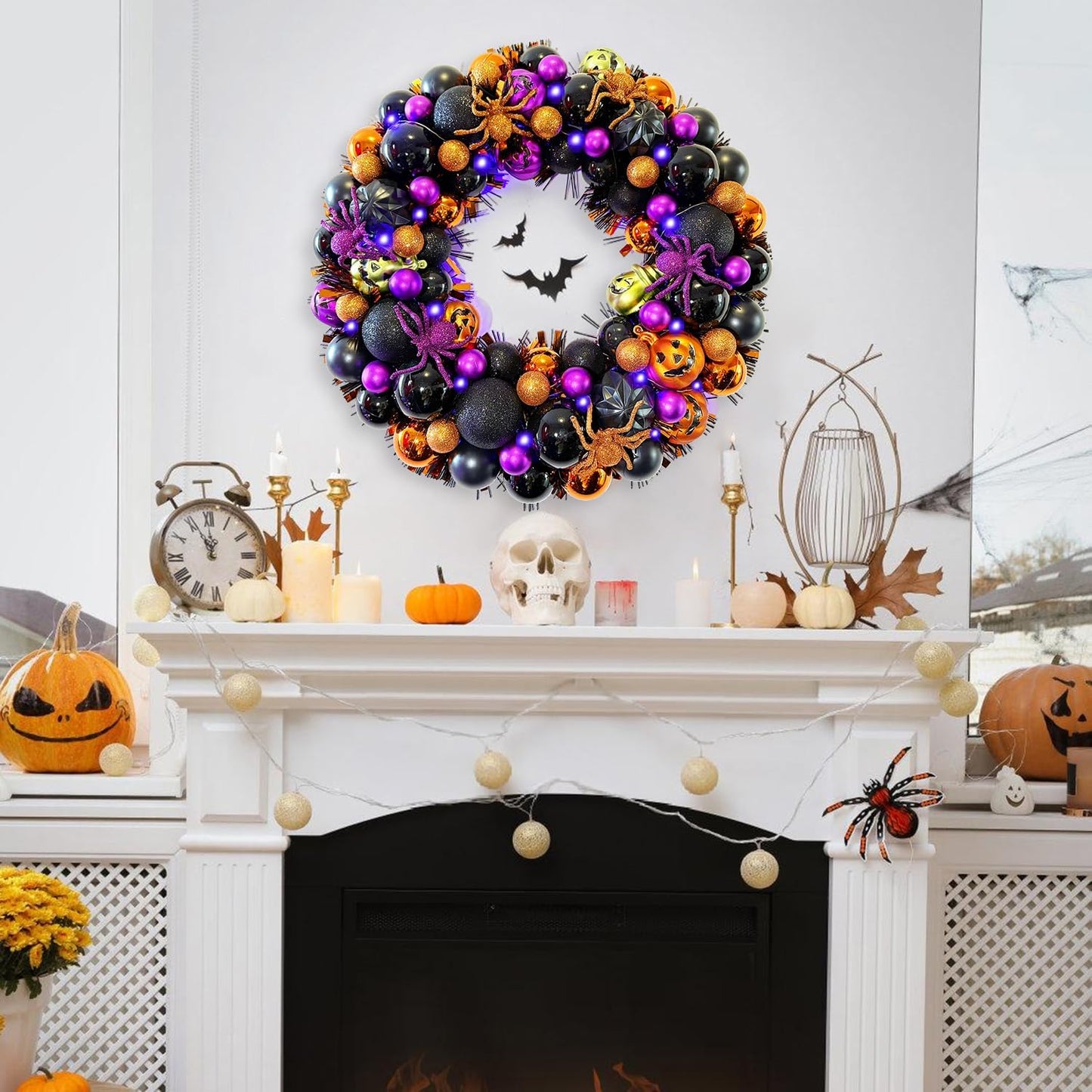 17 Inch Halloween Ball Wreath for Front Door with Lights, Lighted Cute Treat-or-Trick Door Wreath Ball Ornament for Halloween Indoor Decorations Centerpiece Party Holiday Wall Home Decor