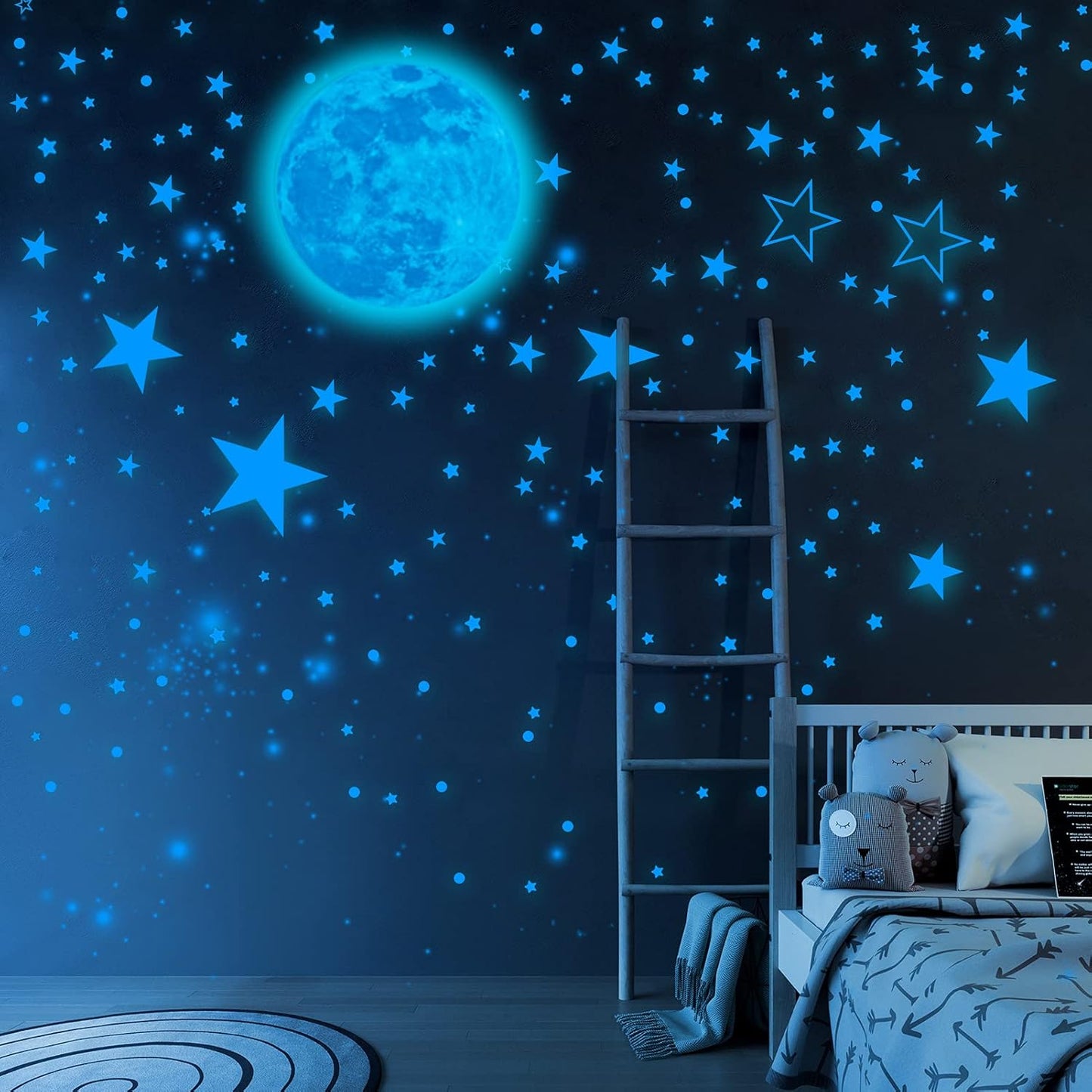 1049 Pieces Luminous Sticker Wall Decal Luminous Stars self-Adhesive Children's Room Wall Stickers Moon and Stars Fluorescent Wall Stickers, Stickers for Children's Rooms Girls Decorative