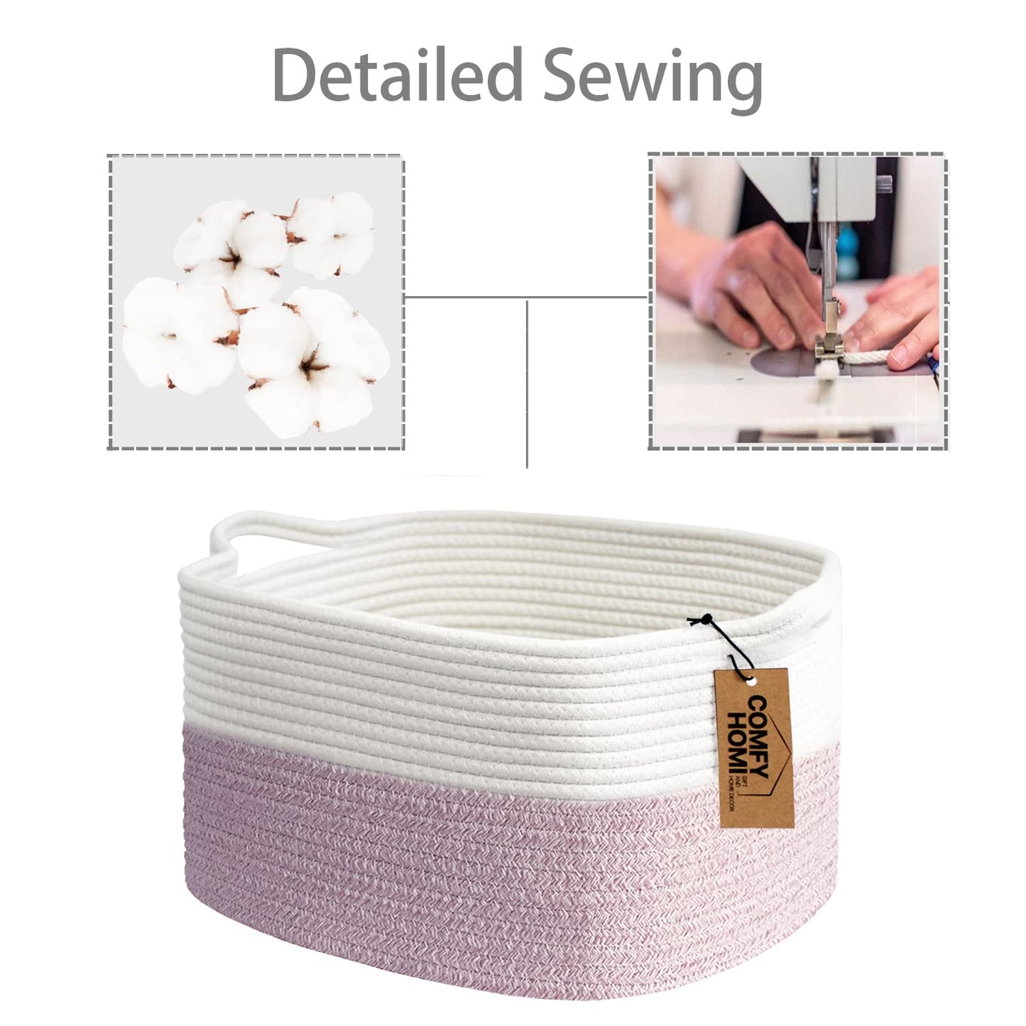COMFY-HOMI Cotton Rope Woven Medium Basket with Handles for shelf,Cloth Storage Basket for Organizing-13.5X11X9.5 Storage Bin for Bedroom, Newborn or Infant Gift for boy girl (White/Pink)