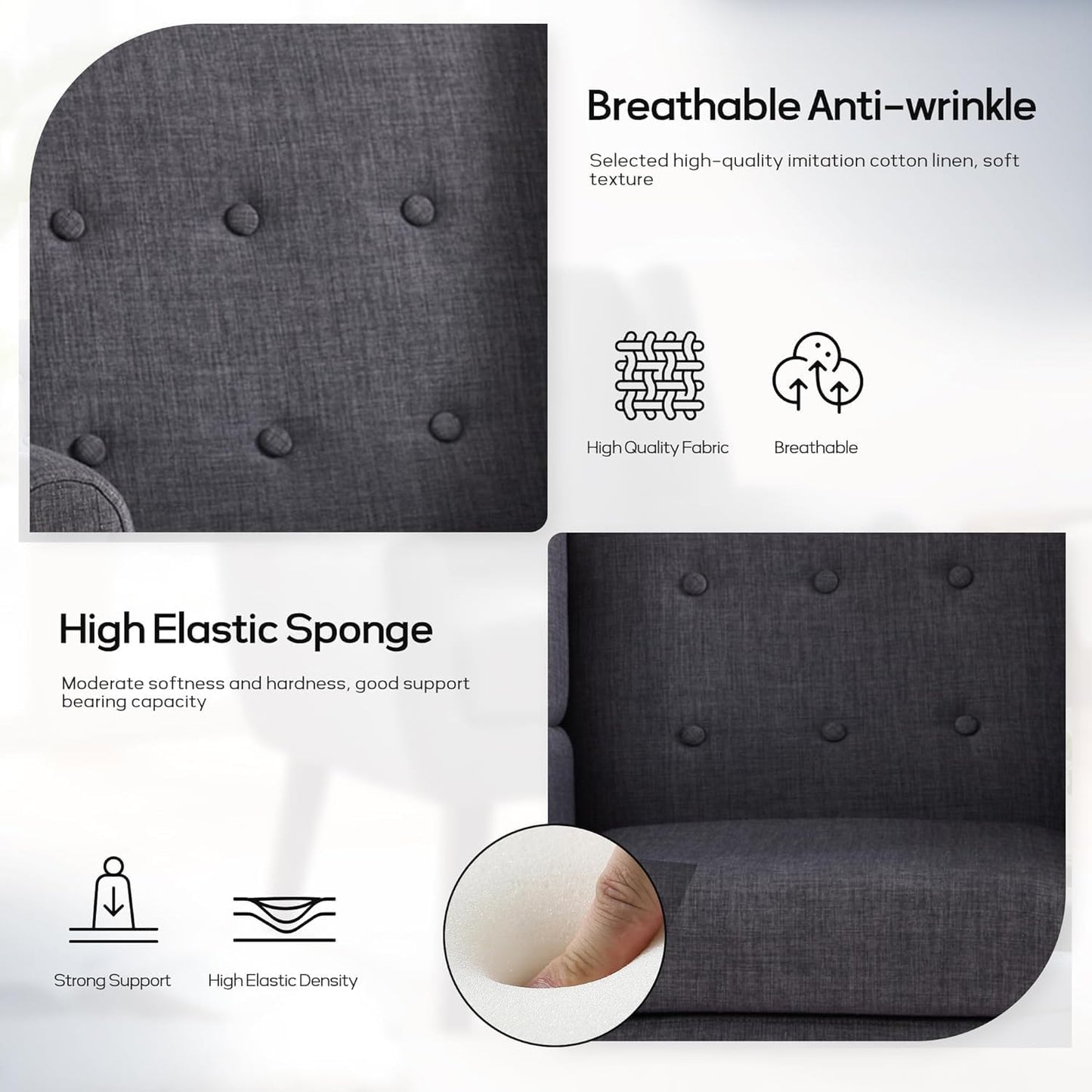 HUIMO Accent Chairs Set of 4, Upholstered Button Tufted Armchair, Linen Fabric Sofa Chairs for Bedroom, Living Room, Mid Century Modern Comfy Reading Chair (4, Grey)