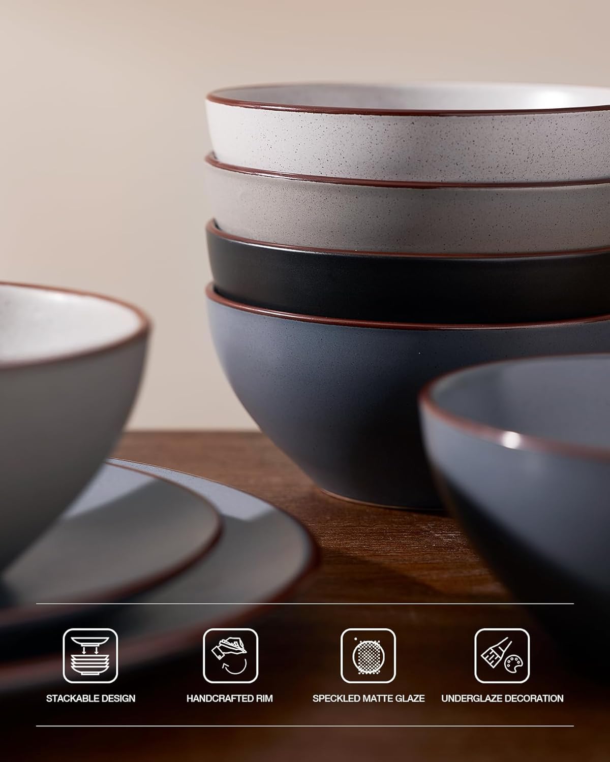 Famiware Venus Plates and Bowls Sets, 12 Pieces Stoneware Speckled Dinnerware Sets, Dishes Set for 4, Microwave and Dishwasher Safe, Matte Multi-color