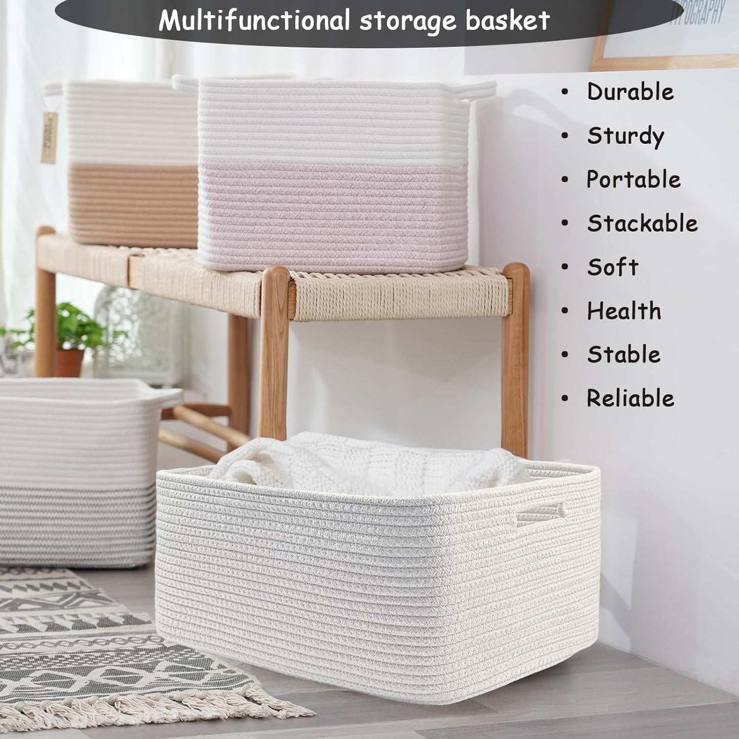 COMFY-HOMI Cotton Rope Woven Basket with Handles for Shelves,Toys,Book, Cloth Storage Baskets for Organizing-17" x 13" x 7.5" Toy Decorative Organizer for Living Room, Bathroom (All White)