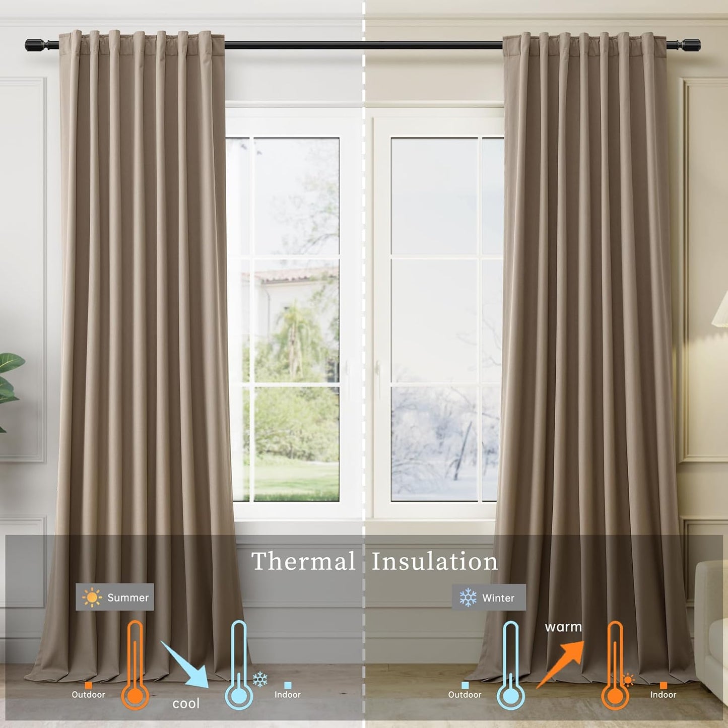 BOODII Full Blackout Curtains 90 Inches Long Room Darkening Curtain for Bedroom Sliding Door Thermal Insulated Black Out Curtains & Drapes Light Brown Neutral Linen 2 Panels Set Back Tab 52x90