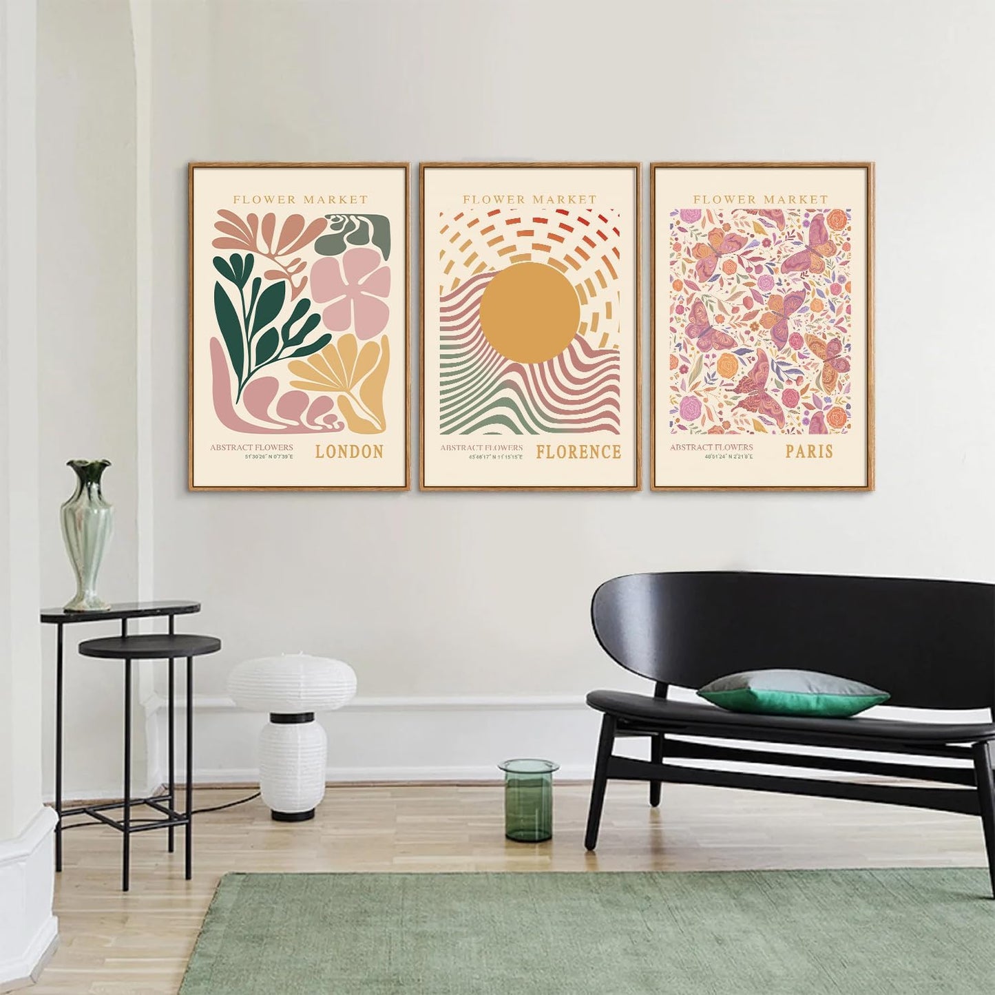 Tinonedraw Boho Flower Market Framed Canvas Wall Art Set, Pink Beige Cute Butterfly Wall Decor, Colorful Abstract Floral Wall Painting, Modern Matisse Art Print for Girls Room Bedroom Office Nursery 16"x24"x3