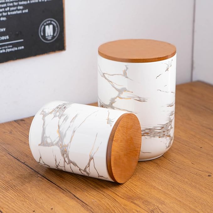 White Ceramic Canister Set with Wooden Lid, 3-Piece Food Storage Jars for Kitchen Counter, Storage Container for Sugar, Coffee, Tea, Spice
