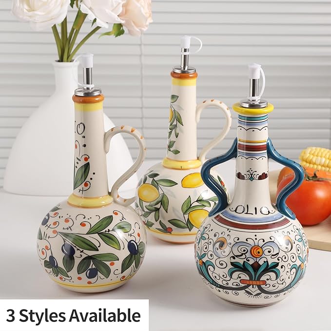 Ceramic Olive Oil Dispenser Bottle 23oz with Handles, Hand Painted Multi-Use Oil Cruet & Flower Vase, Decorative Stoneware Kitchen Cruet with Stainless Steel Spout for Oils, Sauces, Vinegar (A)