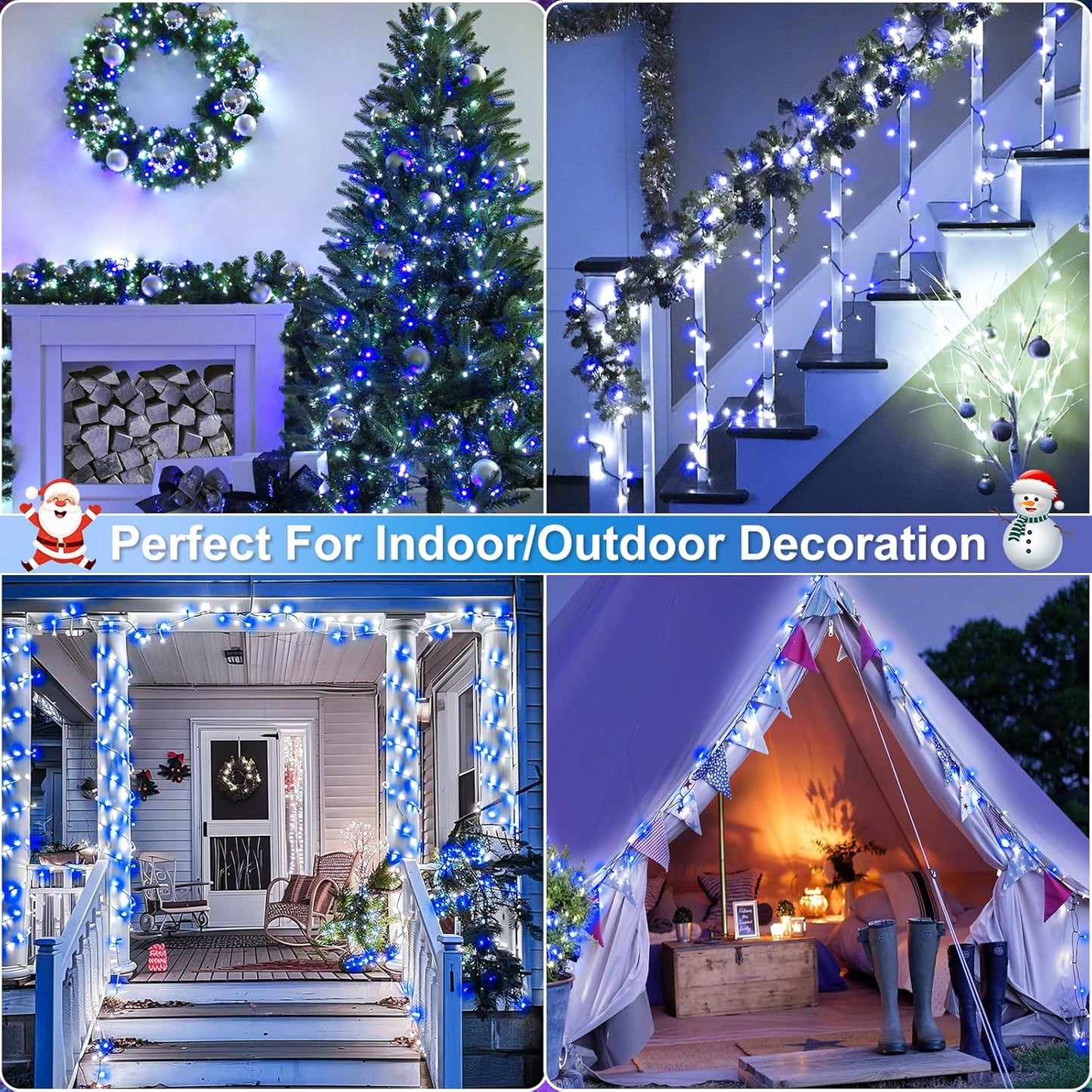 Christmas Lights Outdoor, 100FT 300 LED Christmas Tree Lights with 8 Modes Waterproof, Connectable Green Wire Twinkle Tree Lights for Indoor Patio Garden Party Decorations, Blue White