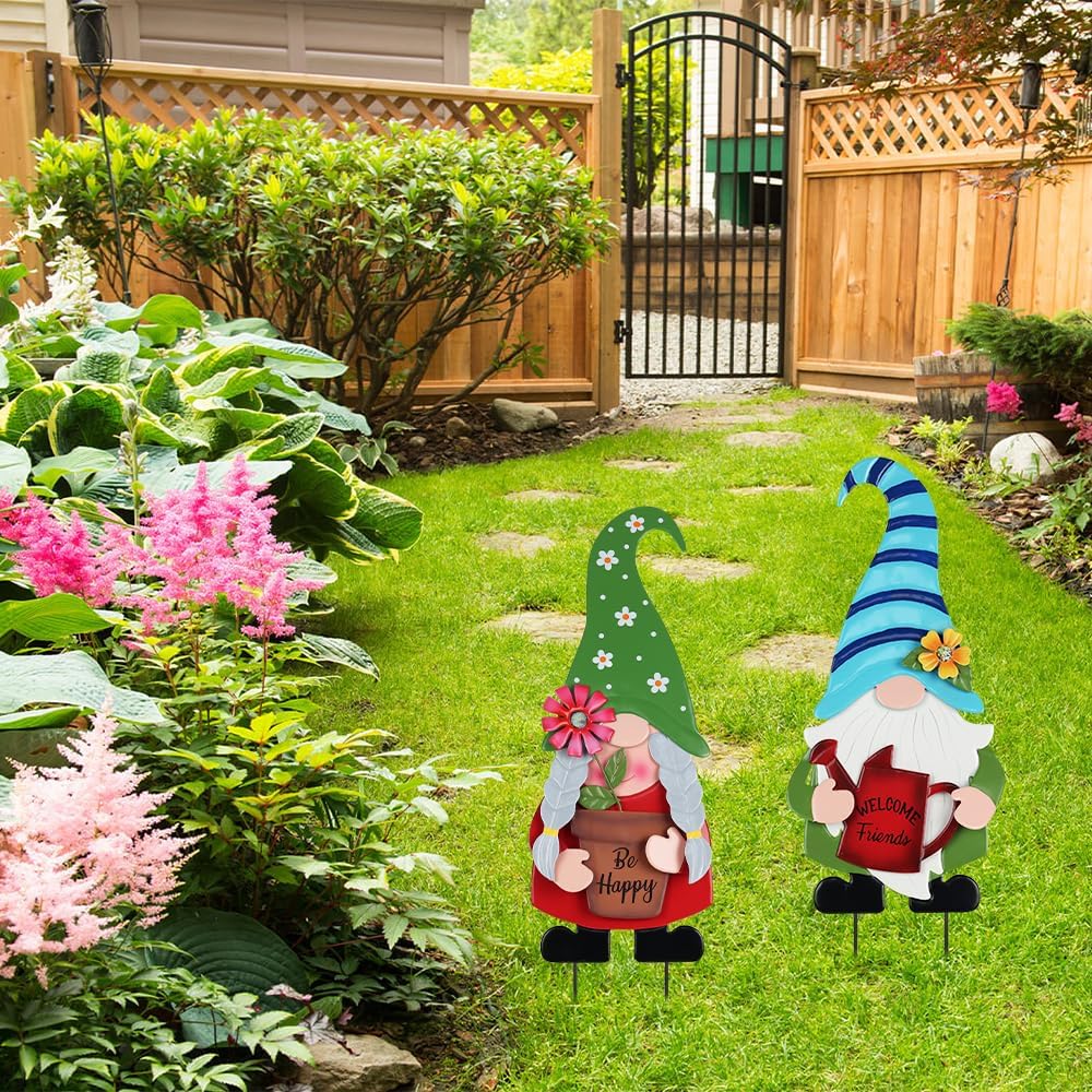 YEAHOME Garden Decor for Outside, Set of 2 Metal Gnomes 27.6” Decorative Garden Stakes with Flowers for Spring Decor, Yard Art Stakes for Outdoor Lawn Backyard Porch Garden Decorations