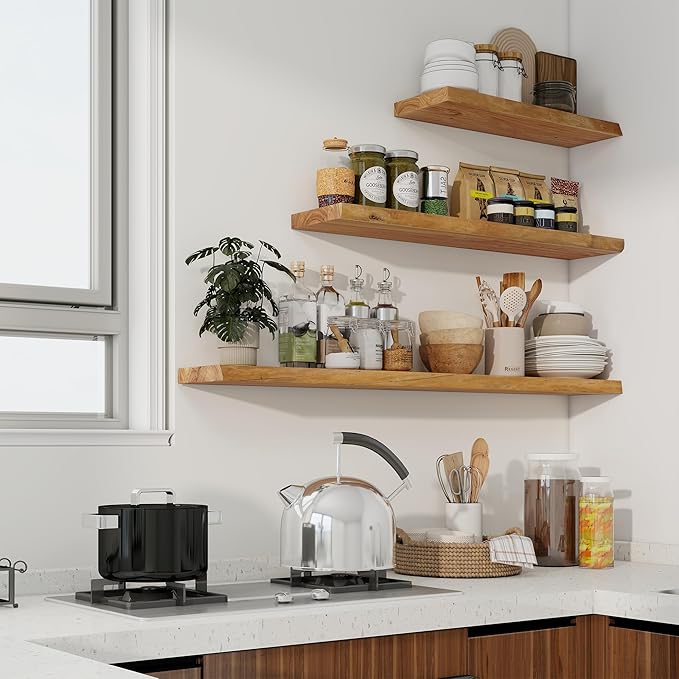 Axeman 55 inch Floating Shelves for Wall - 8'' D Live Edge Rustic Solid Elm Wood Floating Shelves Wall Mounted, Hanging Shelves with Invisible Bracket for Living Room Bedroom Kitchen, Natural