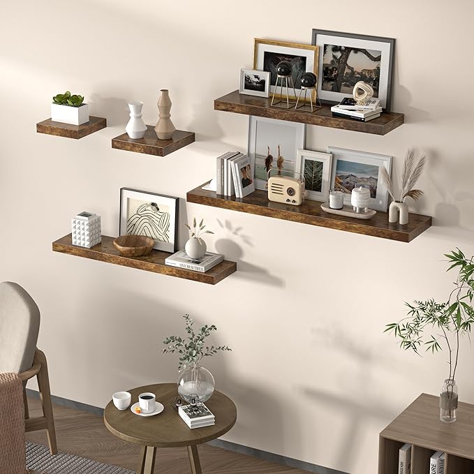 Floating Shelves for Wall, 40"W x 8"D x 1.5"H, Wooden Wall Mounted Display Shelves with Invisible Brackets for Living Room, Bedroom, Bathroom, Kitchen Decor and Storage, Set of 2, Rustic Brown