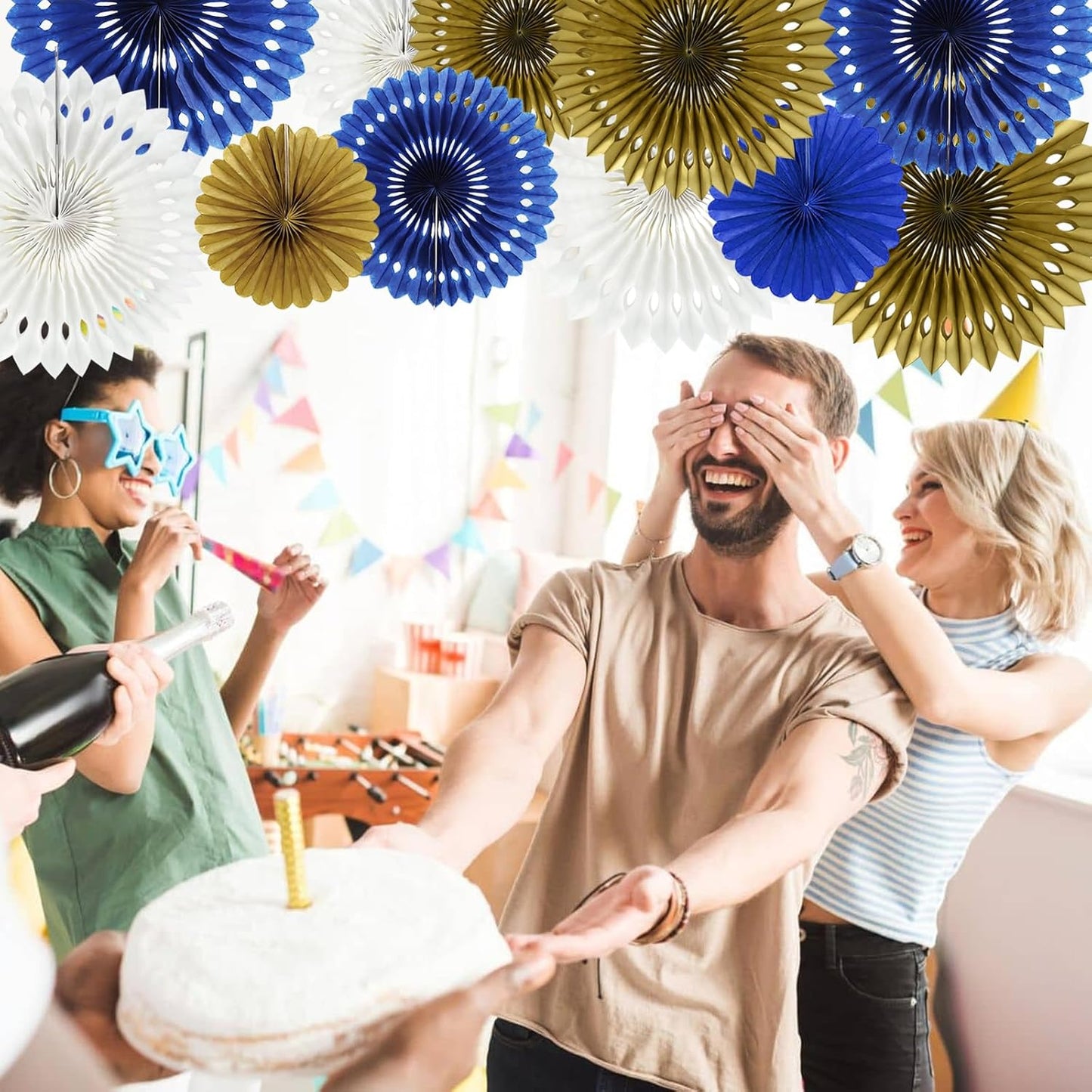 BEISHIDA Blue Gold White Hanging Honeycomb Round Paper Fans Decoration Set for New Year Baby Shower Birthday Wedding Bachelorette Photo Booth Backdrops Anniversary Paper Party Supplies(11packs)