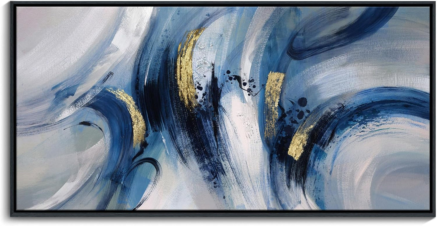 Abstract Line Art Framed Canvas - Blue and Grey Modern Wall Decor, Large 20x40 Inches, Minimalist Bedroom & Living Room Art, Ready to Hang