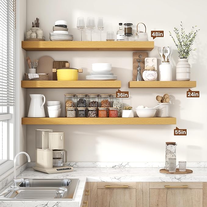 Heimlove 36 Inch Floating Shelves for Wall,10 Inch Deep Wood Shelves with Invisible Brackets,Wall Mounted Storage & Display Shelves for Bedroom,Living Room,Kitchen,Office,Oak Color