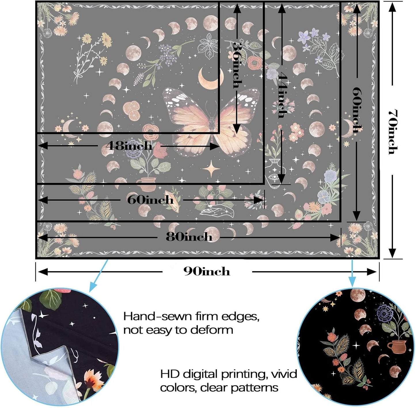 Fowocu Orange Butterfly Moon Flower Tapestry Boho Floral Plant Tapestries for Bedroom Aesthetic Tapastry's Wall Hanging Mandala Botanical Wall Tapestry for Living Room Dorm (Yellow, 80'' × 60'')