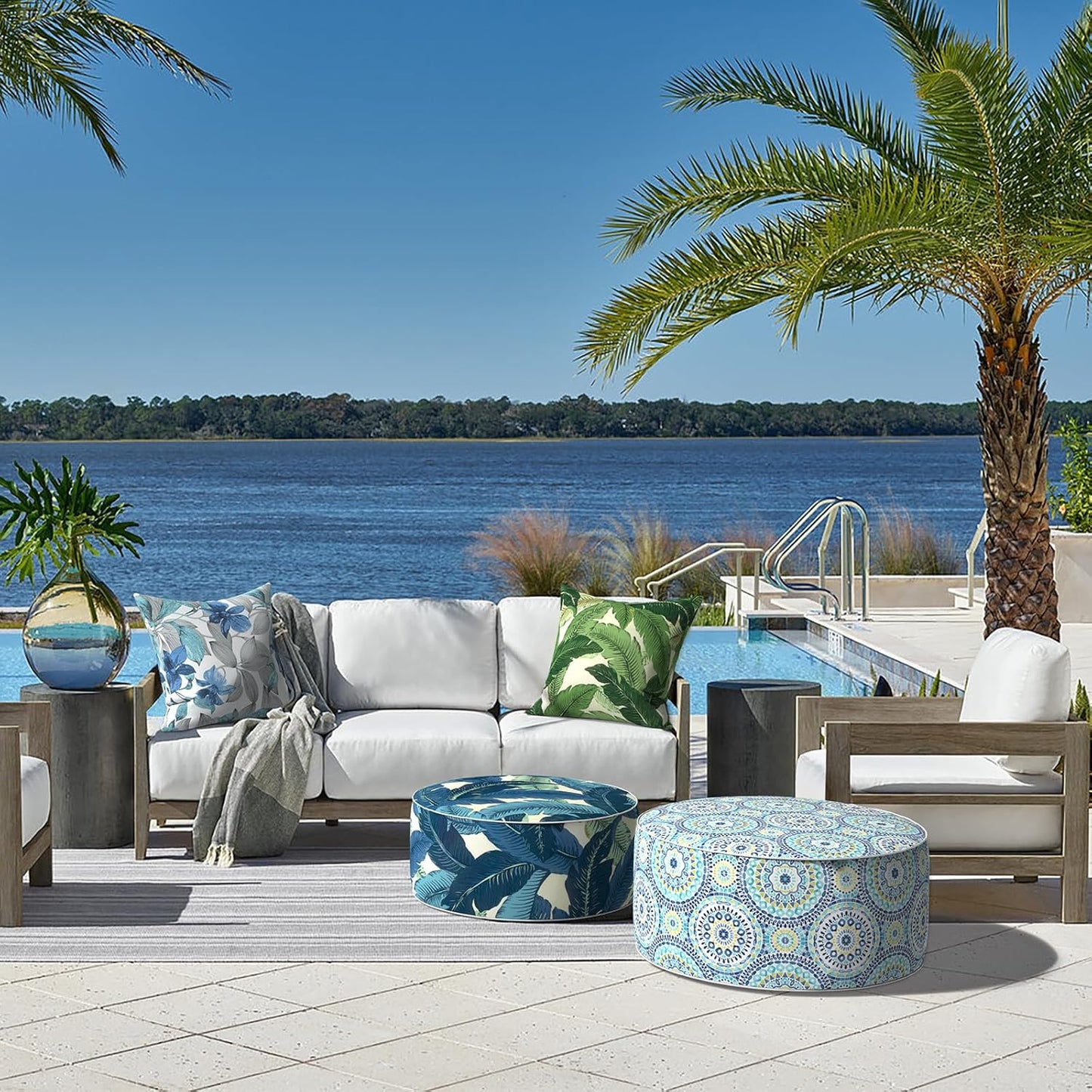 LVTXIII Inflatable Stool Ottoman Footrest with Handle, All Weather Foot Rest, Indoor or Outdoor Use for Home Patio Garden and Camping, D21 x H9, Swaying Palms Blue