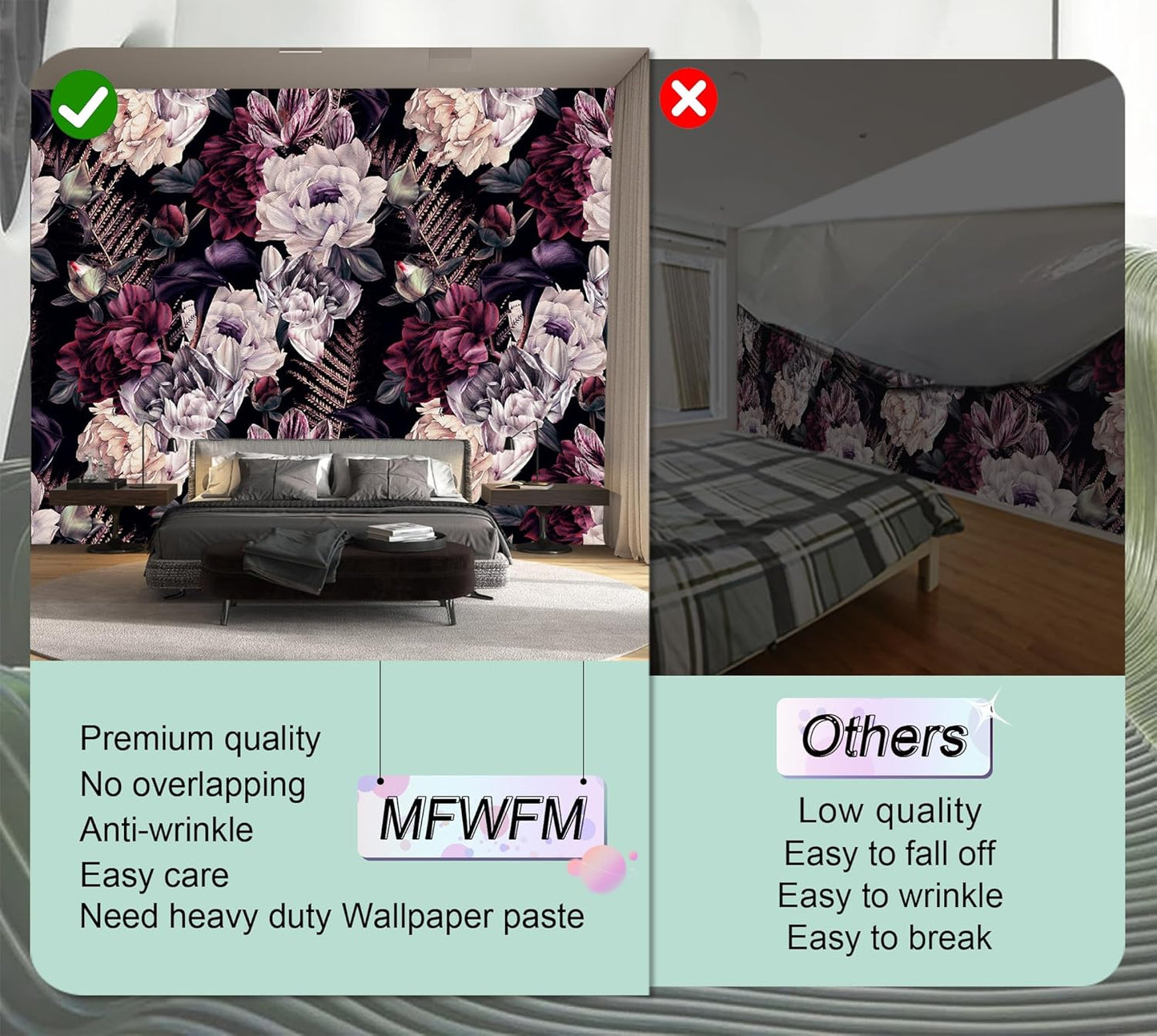 Floral Wallpaper Watercolor Dark Peony Flowers Mural Wallpaper for Bedroom Living Room (Not Peel n' Stick)