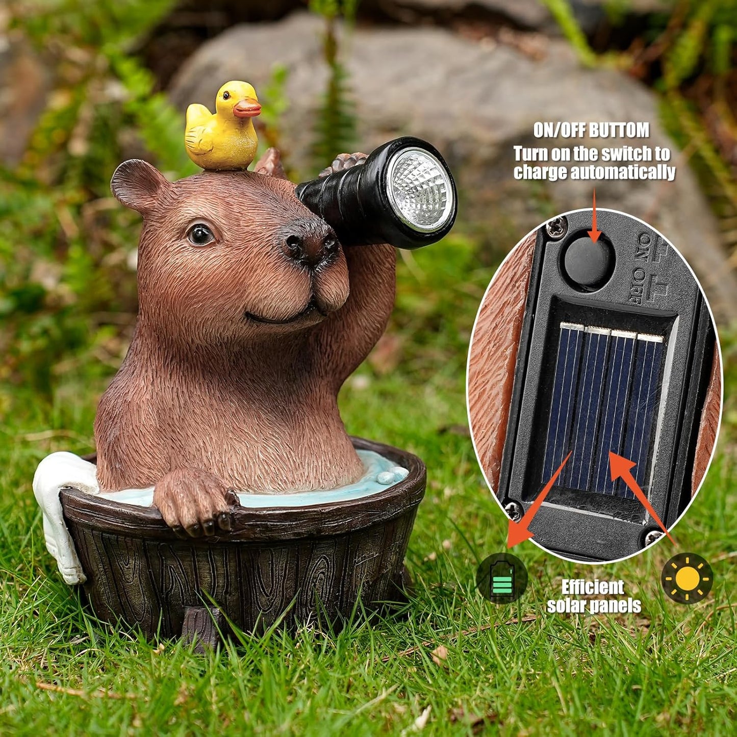 Capybara Solar Garden Statue โ Funny Outdoor Resin Animal Decor with Flashlight & Duck โ Waterproof Yard Lawn Ornament with LED Light โ Solar Powered Figurine for Patio, Porch, Landscape