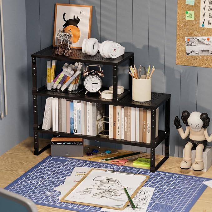 Expandable Spice Rack Kitchen Cabinet Shelf Organizer, Stackable Storage Shelves Racks, Adjustable Counter Shelving for Cabinets, Countertop, Cupboard,Pantry and More(3Packs/Black/Large)