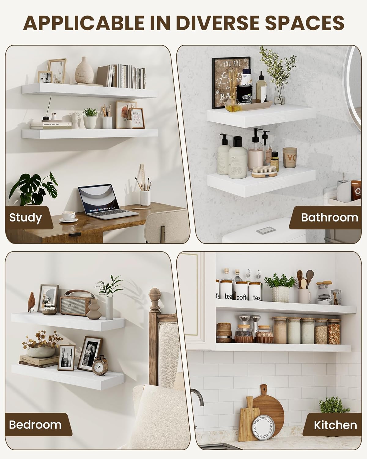 Marsmiles 24" Floating Shelves for Wall, Wooden Shelves with Invisible Brackets Set of 2, Rustic Farmhouse Wall Mounted Shelf for Kitchen Bathroom Living Room Study, White