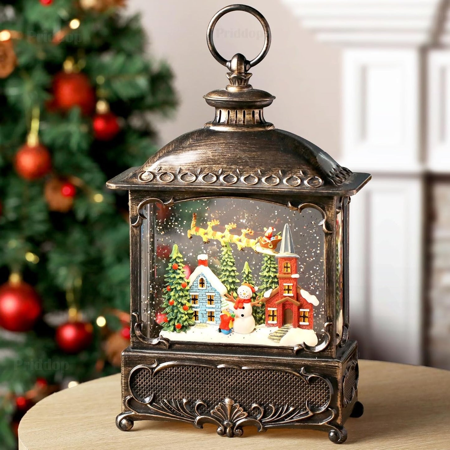 Christmas Snow Globe Lantern Christmas Decorations Gifts Snowman Santa Claus Church Village Scene Musical Glitter Snowfall USB/Battery Timer 12 inch