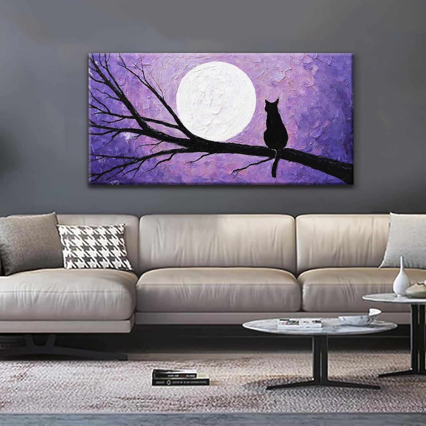 QSQ Cat Wall Art Prints Painting Canvas Art Wall Decor Funny Monet Cat Under The Moonlight Abstract Wall Art Posters Picture For Bedroom Living Room Office Home Decor 24" × 48" Ready To Hang