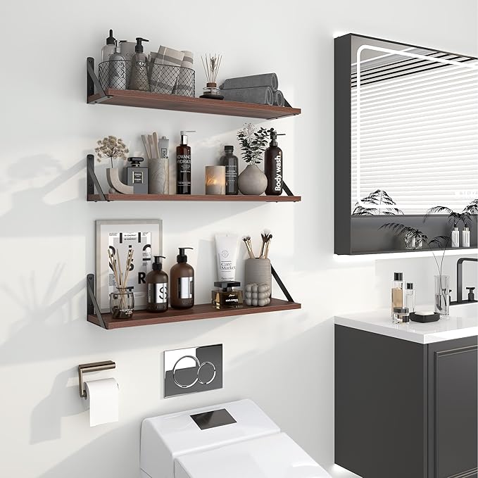Heimlove Floating Shelves for Wall, 24 Inch Long Wood Floating Shelves Set of 3, Wall Mounted Hanging Shelf for Bathroom Bedroom Kitchen, Walnut