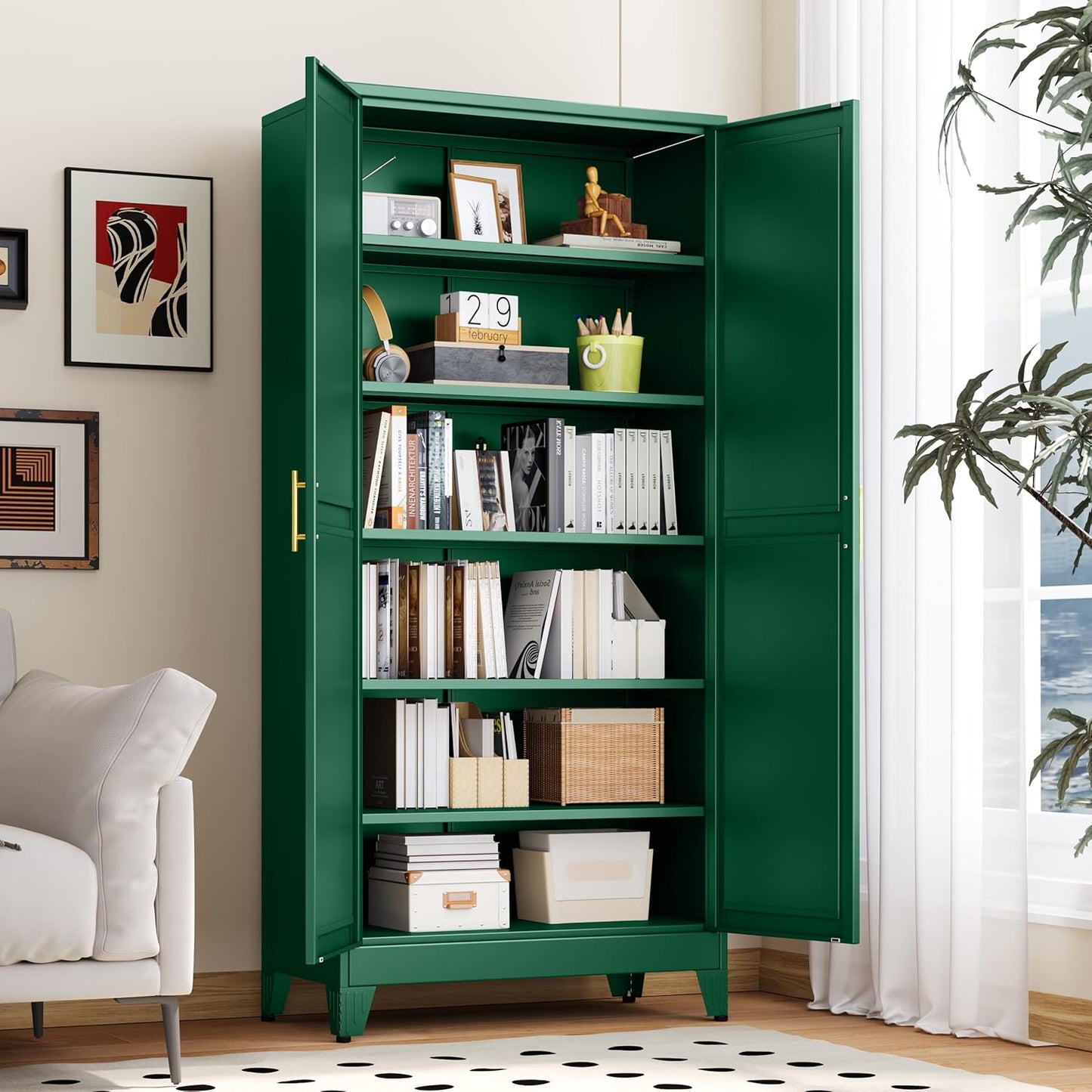 Kitchen Pantry Storage Cabinet with Doors and Adjustable Shelves, Metal ClosetMaid Food Pantry Cabinets, 75" Tall Freestanding Cupboard for Kitchen, Laundry or Utility Room, Green