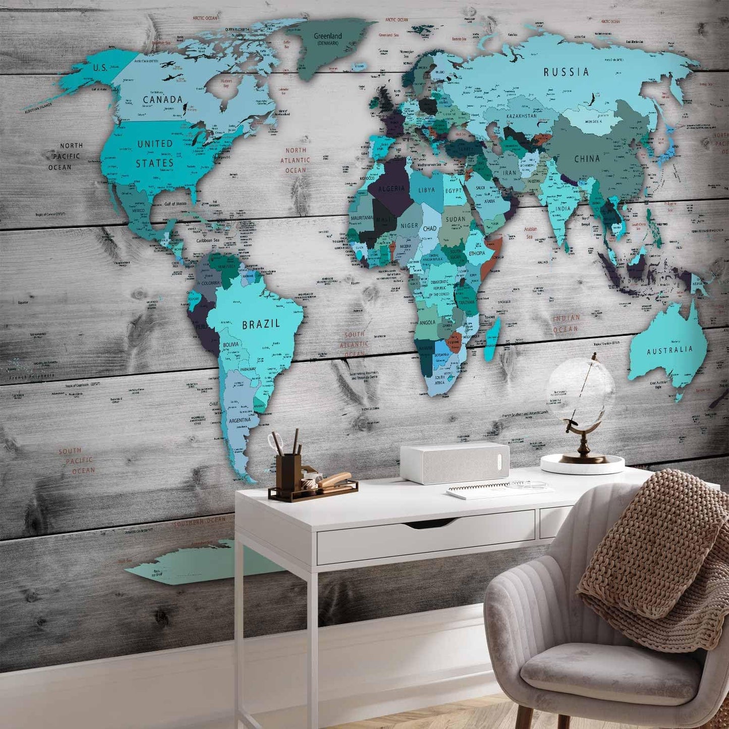 artgeist Premium Wall Mural World Map 177x124 in - XXL Non-Woven Wallpaper Fleece Wall Decor Photo Print Picture Image Design Home Map of The World k-B-0009-a-d
