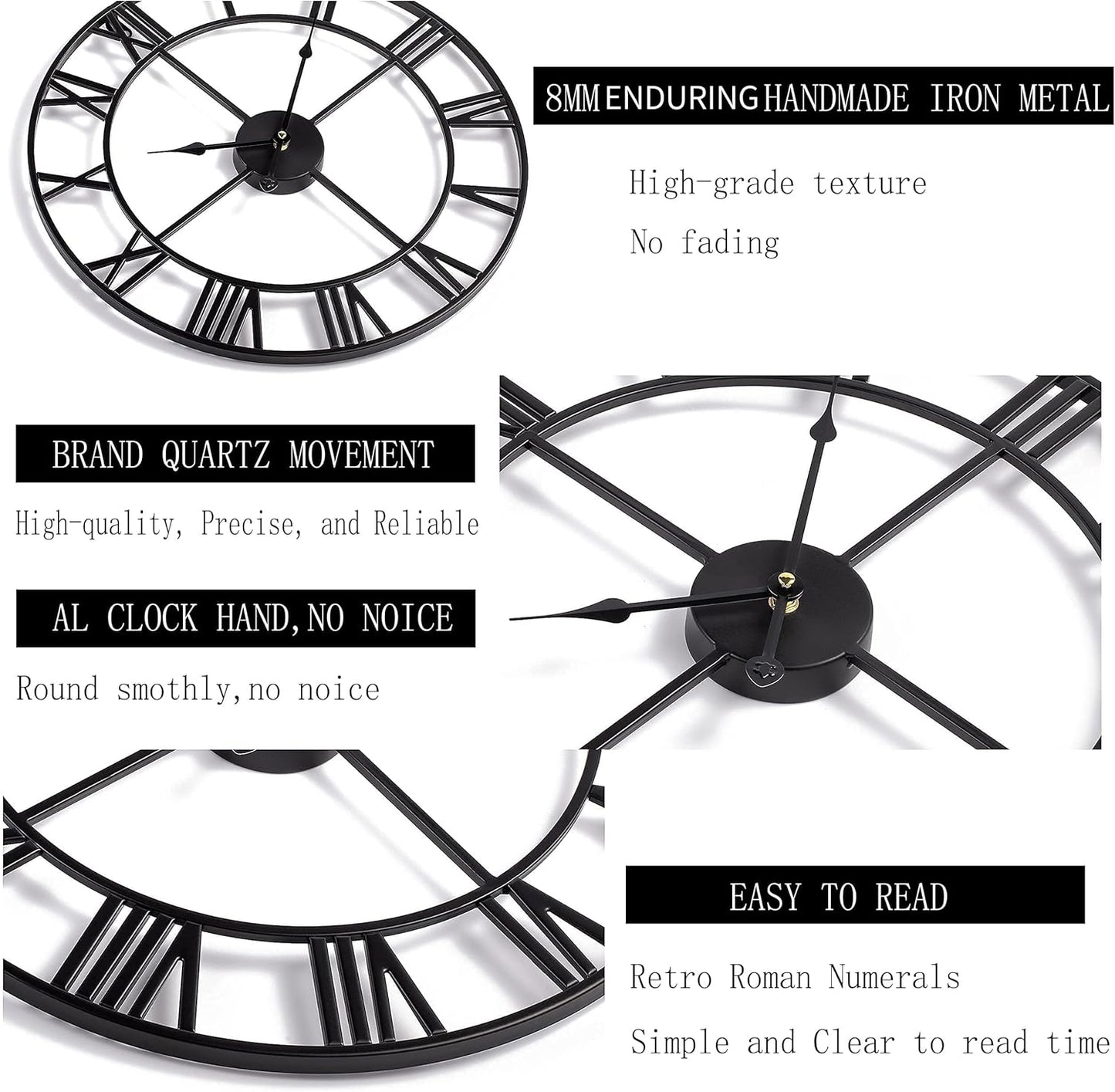 1st owned Large Wall Clock Silent Non-Ticking Roman Numerals Vintage Battery Operated (24 inch,18inch,16inch) Farmhouse Wall Clock for Living Room, Bedroom, Kitchen, Cafe Decor-Black 40CM