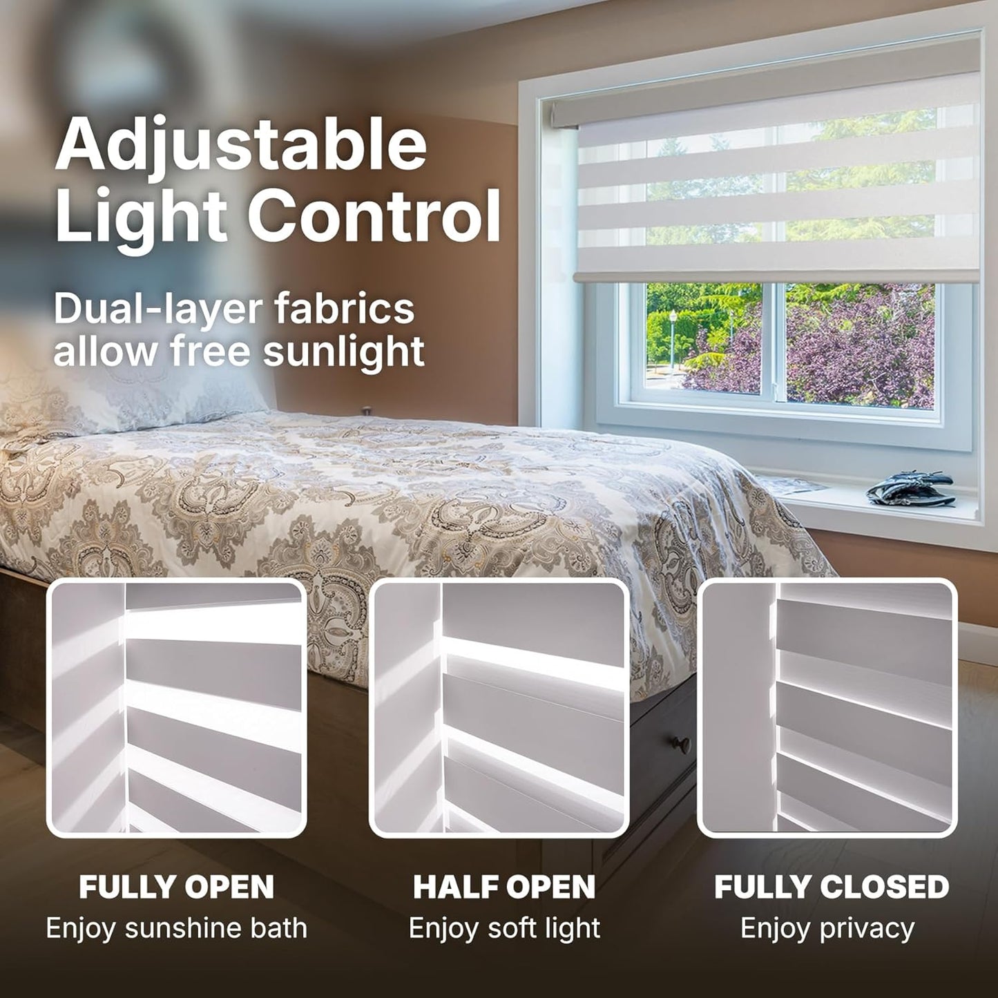 HESTIA Cordless Zebra Blinds Light Filtering Roller Shades UV Blocking Blackout Privacy Indoor Window Blind for Home Office Day and Night, Beige,48" W x 48" H