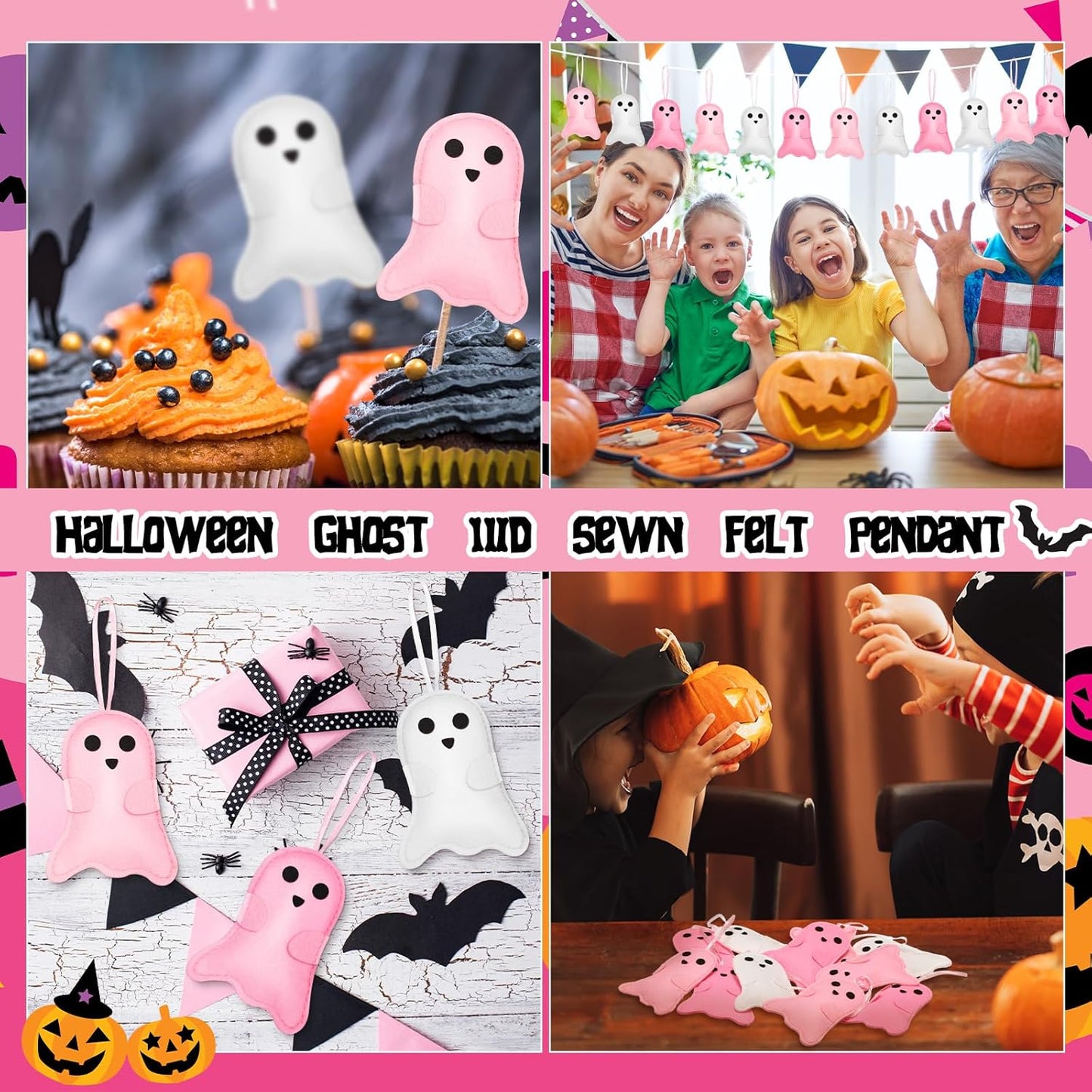 12 Pcs Pink Halloween Felt Ornaments Cute Ghost 3D Hanging Ornaments 3.15 Inch Pink White Halloween Tree Decorations for Small Tree Party Decor