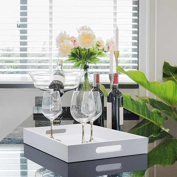 Wood Serving Tray with Handles, Home Decorative Wooden Rectangle Ottoman Decor Platter Vanity Tray for Breakfast Dinner Drinks Kitchen Dining Living Bathroom Restaurants White