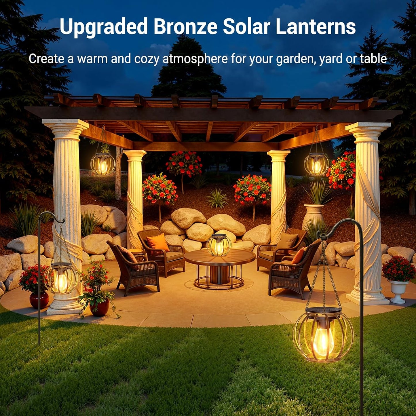 KOOPER Solar Lanterns Outdoor Waterproof, Upgraded Bronze Metal Hanging Solar Lights Outdoor Lanterns, Brighter Auto On/Off Outdoor Hanging Lantern for Yard Patio Pathway Porch Garden Decor 2 Pack