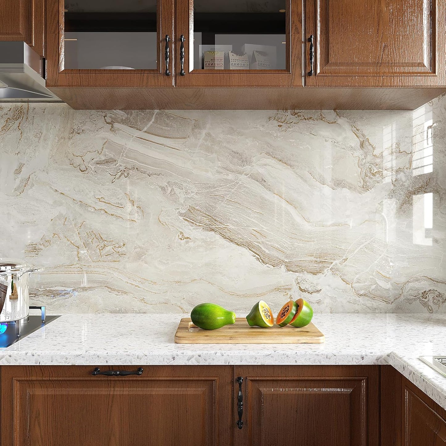 VEELIKE Glossy Beige Gold Marble Contact Paper for Countertops 24''x118'' Wide Peel and Stick Countertops Waterproof Thick Marble Wallpaper Self Adhesive Vinyl Counter Top Wraps for Kitchen Bathroom