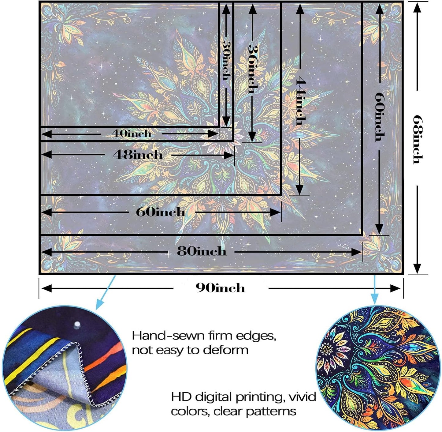 Fowocu Boho Floral Mandala Tapestry for Bedroom Aesthetic Blue Bohemian Colorful Flower Wall Tapestry Purple Hippie Indian Extra Large Tapestries Wall Hanging for Living Room Dorm Decor 90 x 68 Inch