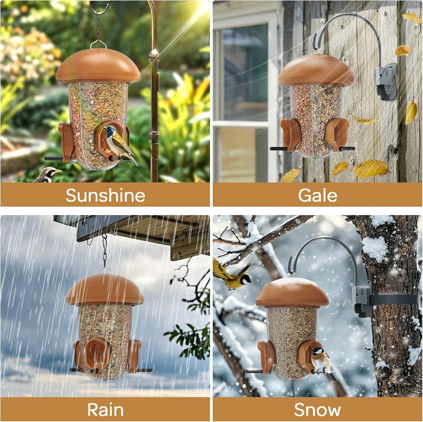 LONA Bird Feeders for Outdoors Hanging – 3 Separate Compartments, 3 Feeding Ports, Weatherproof Dome & 3 Ways to Hang, Large Capacity for Cardinals/Finches (Brown,Plus