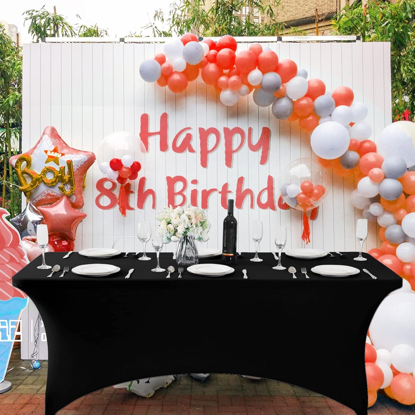 SuperO Waterproof Spandex Table Cover for 8FT Table Universal Fitted Stretch Tablecloth for Party, Banquet, Wedding and Events-Black