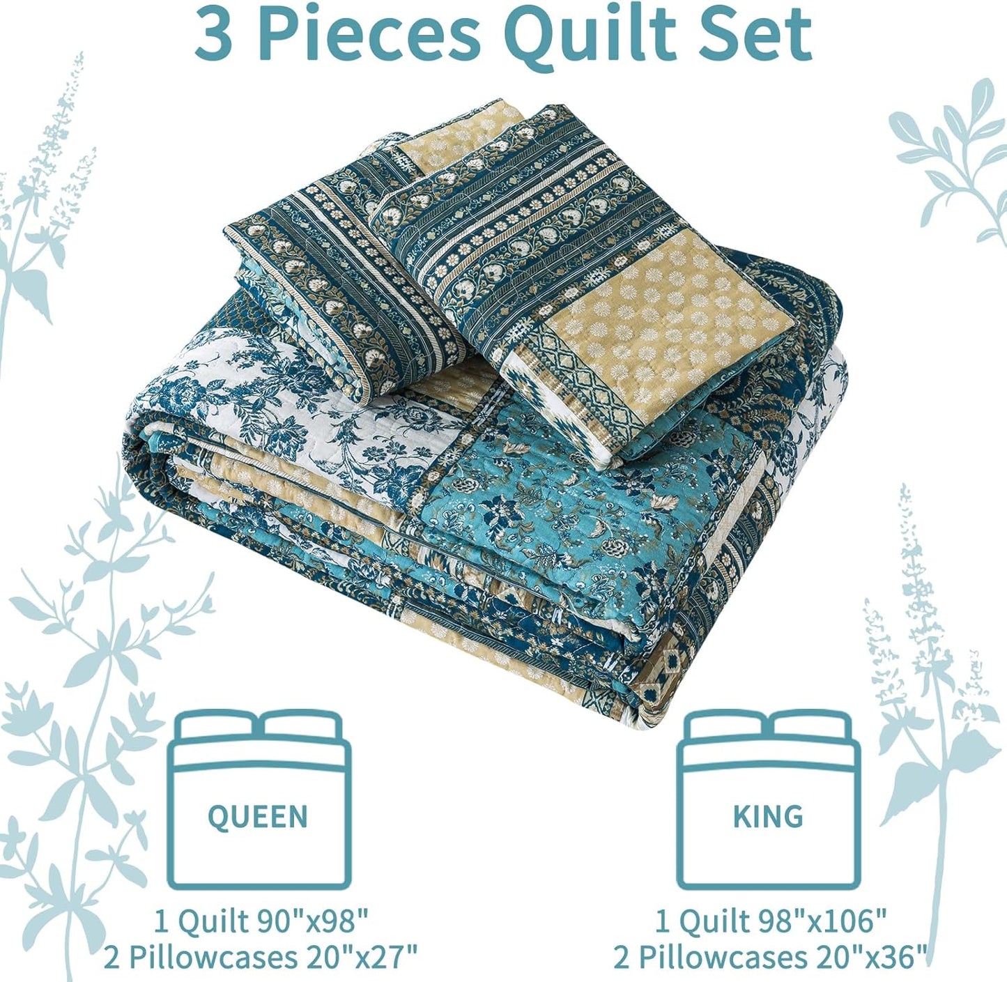 VAPUTAR Quilts Queen Size - 3 Piece Cotton Quilted Bedspread Coverlet, Soft Lightweight Quilted Bedding Set, Patchwork Boho Quilt with Pillowcovers Suitable for All Season and Room Decor (Dream Blue)