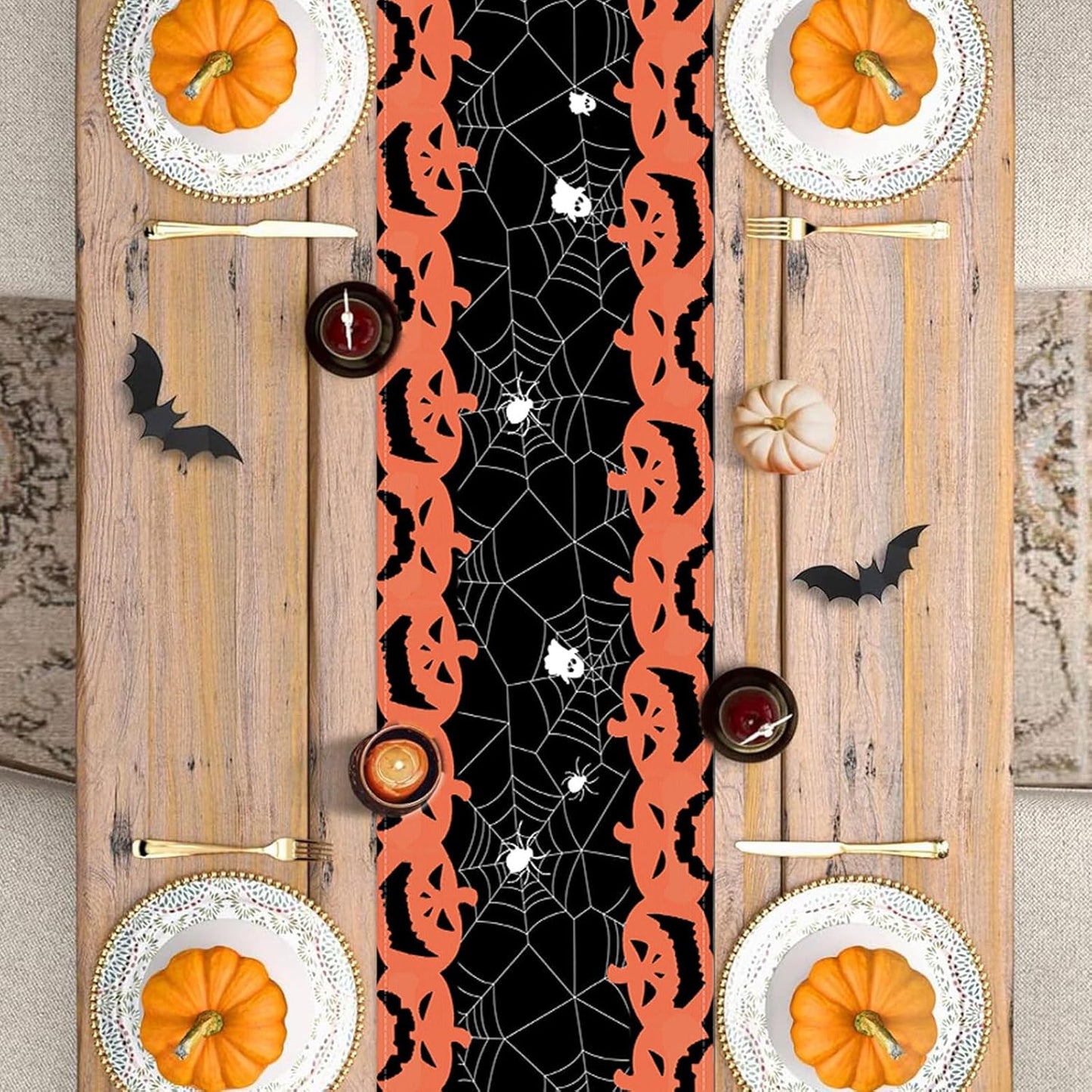Halloween Table Runner Black and Orange Pumpkin Spider Web Table Linen Runner Halloween Decoration 13x36 Inch Table Runner for Dinning Kitchen Indoor Outdoor Halloween Kitchen Decor