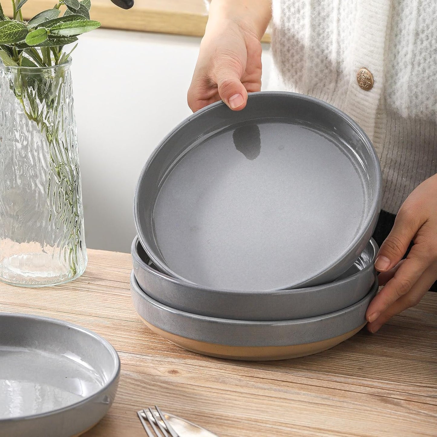 Pasta Bowls 26 OZ,Ceramic Salad Serving Bowls Set of 4,Large 8.2 inch Shallow Bowls Plates for Soup,Fruit,Noodle,Dinner,Dishwasher & Microwave Safe,Gray