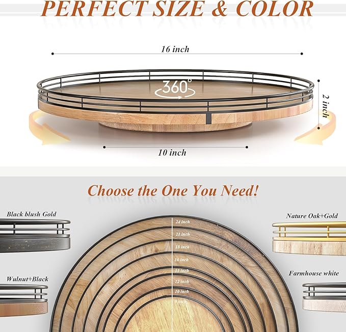 16" Lazy Susan Oak Wood Turntable Organizer for Cabinet, Farmhouse Round Wooden Large Lazy Susan Organization and Storage for Dining Table, Pantry, Kitchen, Bathroom, Countertop, Cupboard, Home Decor