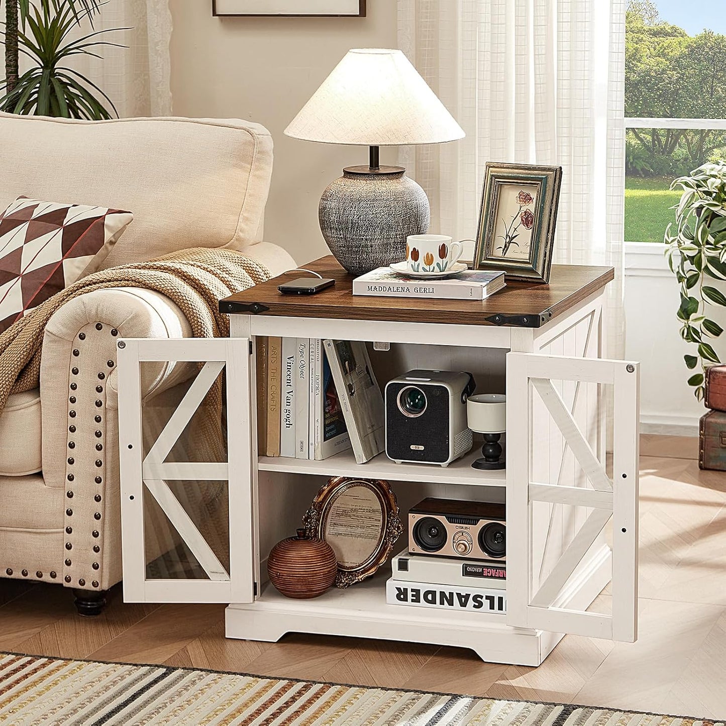 24" End Table with Charging Station, Farmhouse Night Stand with Glass Barn Door, White Nightstands with Adjustable Storage Shelf, Large Wood Square Bed Side Table for Living Room,Bedroom