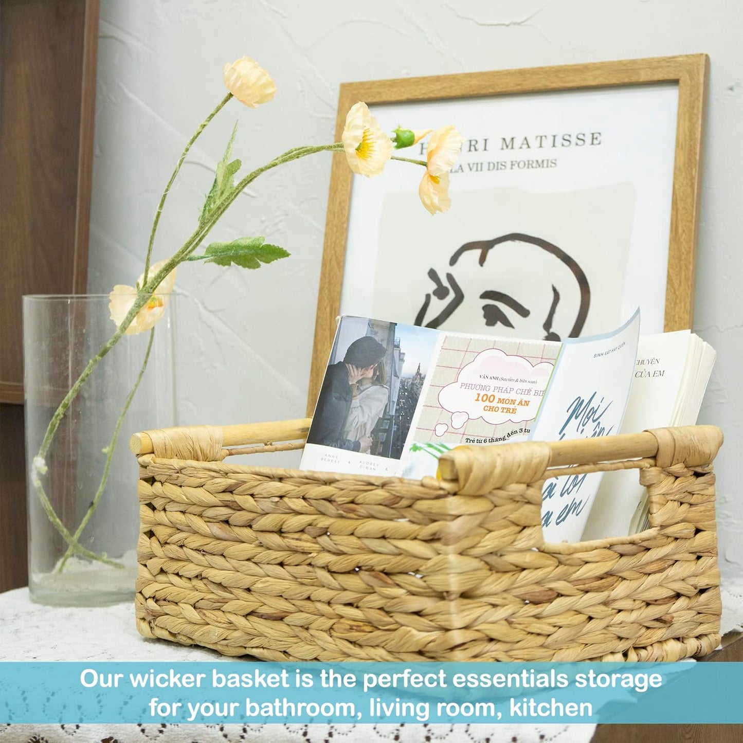 VATIMA Hyacinth Medium Wicker Basket 13.6x9.5x5.6" - With Handle, Living Room Decor, Rectangular Design