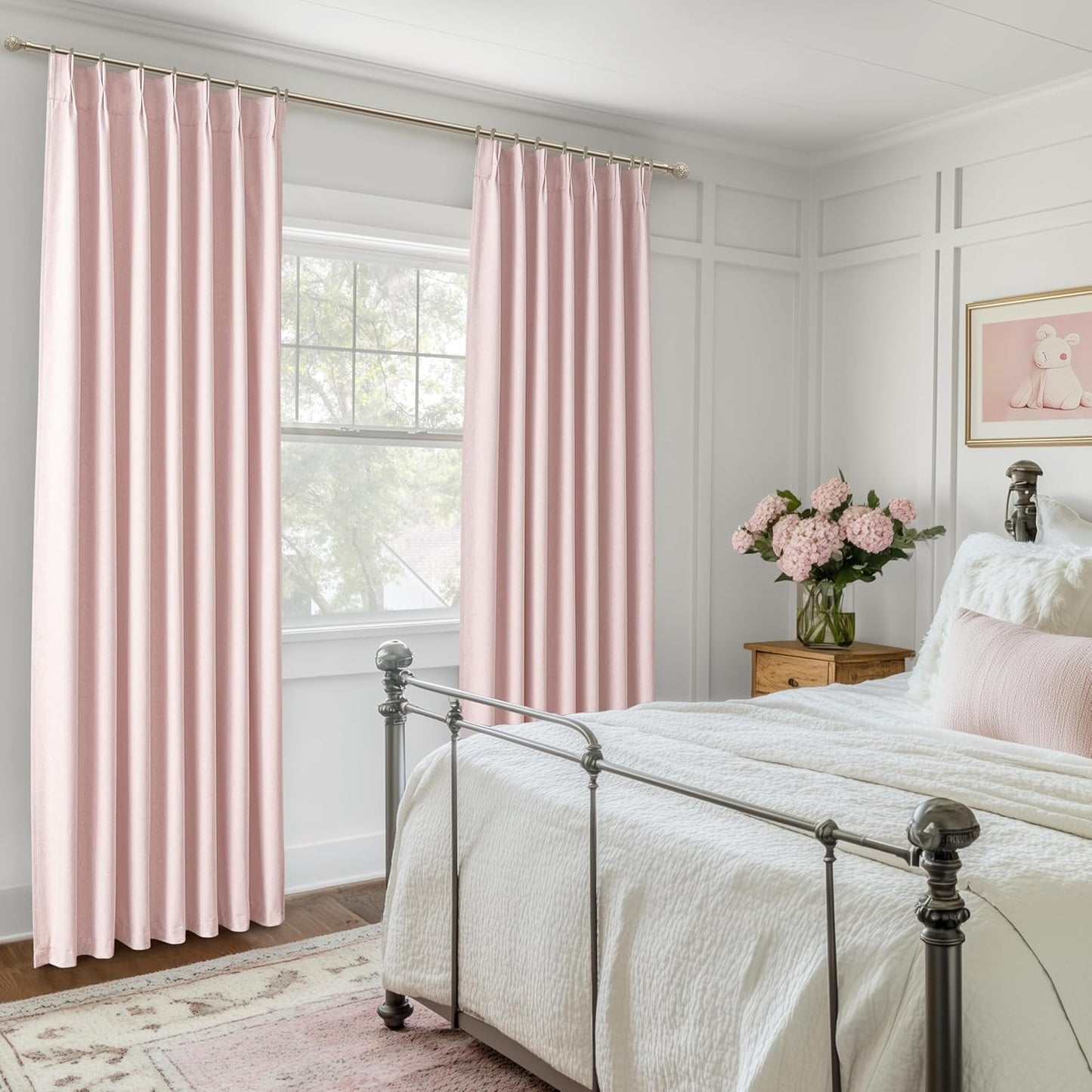 Baby Pink Black Out Curtains 96 Inch Long for Grils Bedroom 2 Panels Set, Cute Pinch Pleat Flax Linen Room Darkening Window Drapes with Back Tab for Dining Room Insulated Soundproof Curtain 96 Inches