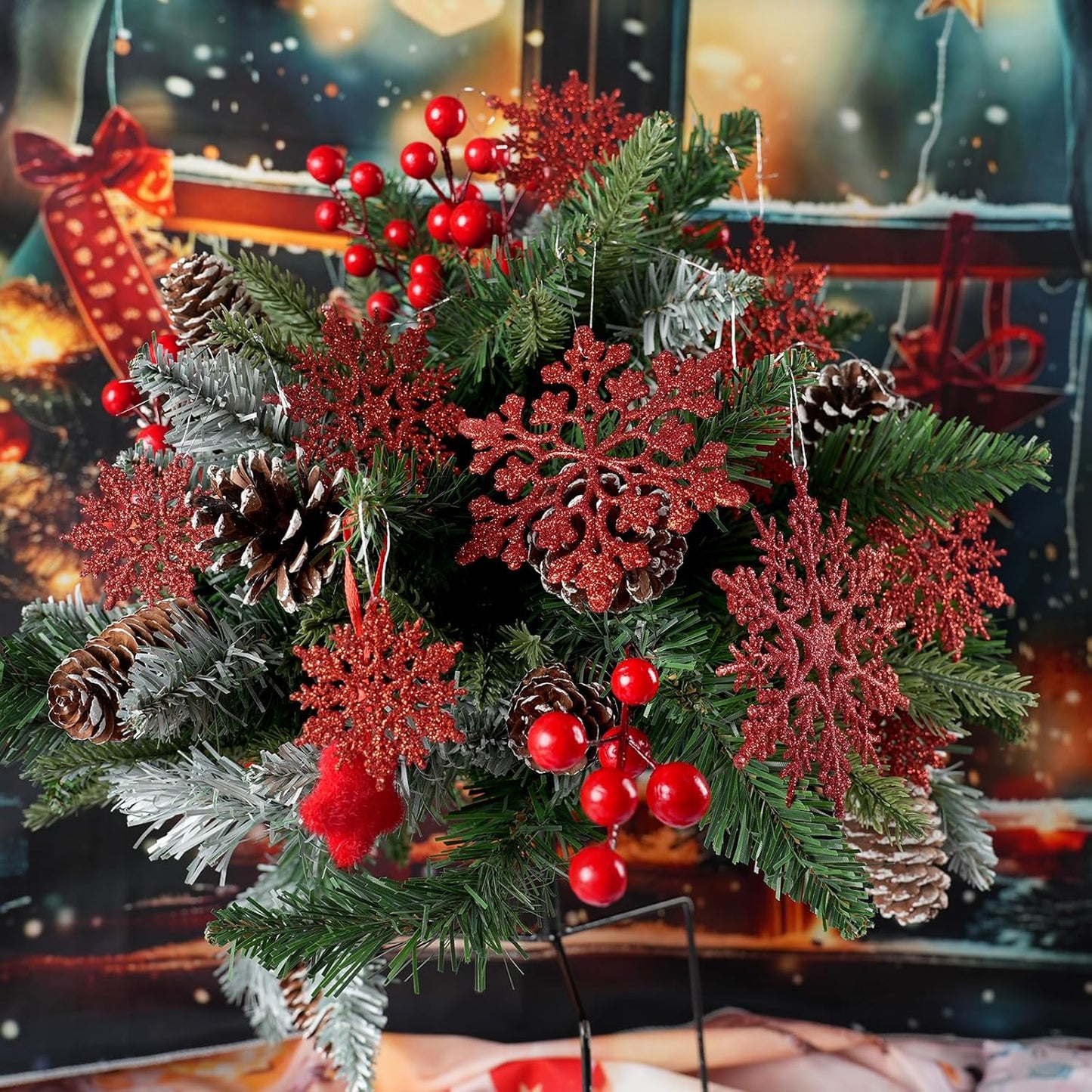 36pcs Red Christmas Snowflake Ornaments, Plastic Glitter Hanging Snow Flakes for Christmas Tree Decorations Winter Wonderland Frozen Birthday Party Holiday Home Decor Craft Snowflakes