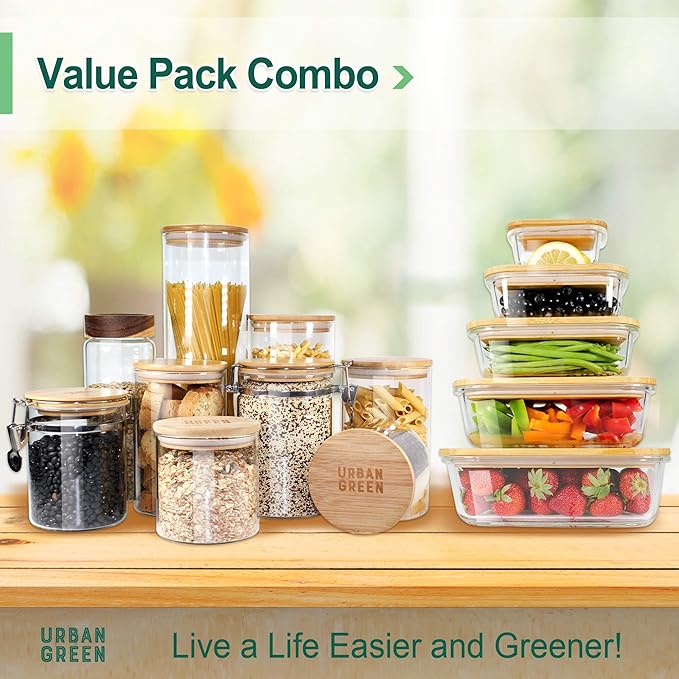 Urban Green Glass Storage Container Bamboo Lids, Glass Airtight Canisters sets, Food Jars, Pantry Organization and Storage Containers, Spice Jars, Flour Canisters of 6