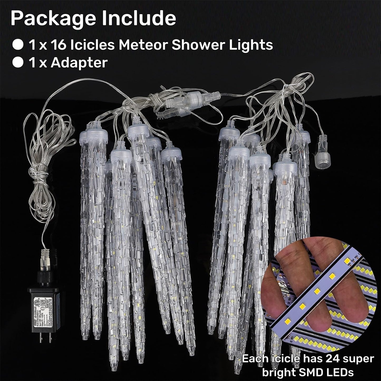 WATERGLIDE 16 Icicles Meteor Shower Lights, 12" Outdoor Icicle Christmas Lights 384 SMD LED Crystal Ice Falling Light, Connectable Raindrop Iciclelight, Xmas Winter Party Tree Holiday Decor, White